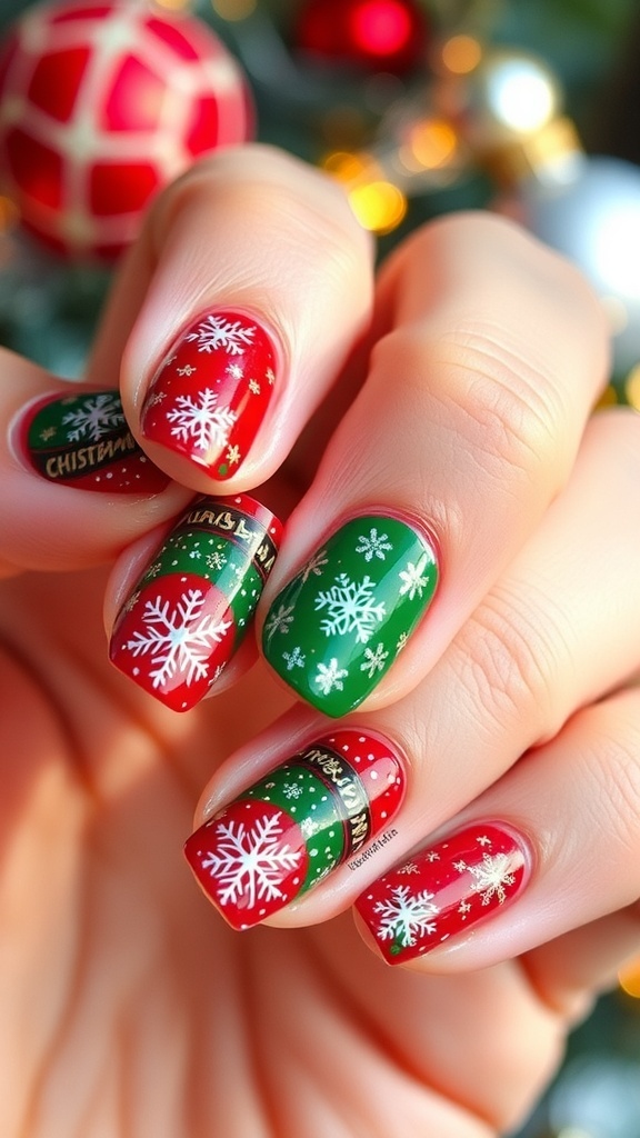Short festive nails with Christmas and New Year designs in red, green, and gold.
